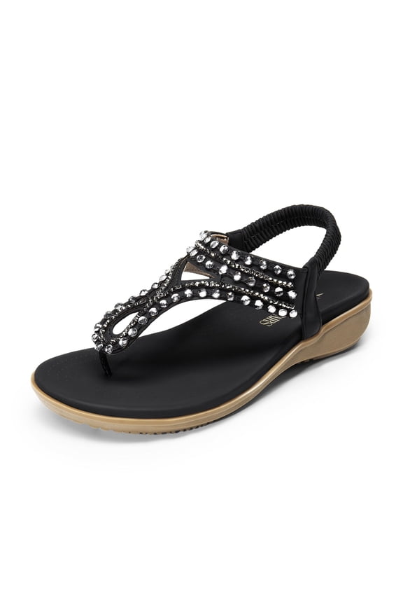 Women's Comfortable Dressy Flat Sandals Rhinestone Elastic T-Strap Thong Sandals for Summer Beach