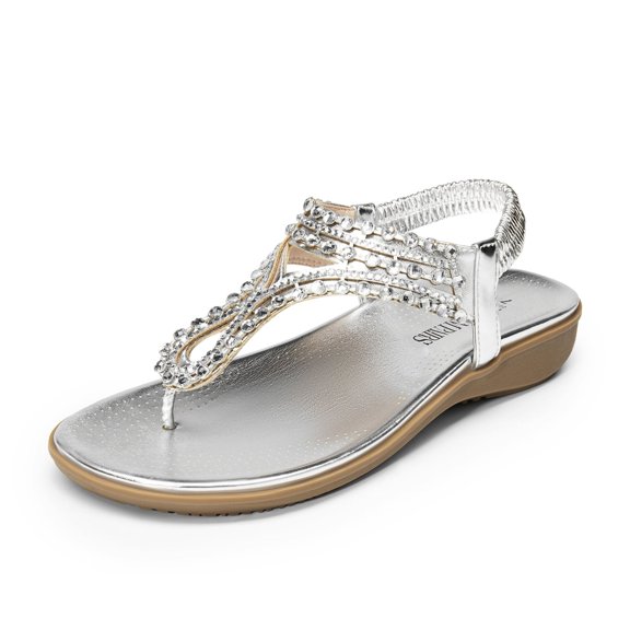 DREAM PAIRS Women's Comfortable Dressy Flat Sandals Rhinestone Elastic T-Strap Thong Sandals for Summer Beach