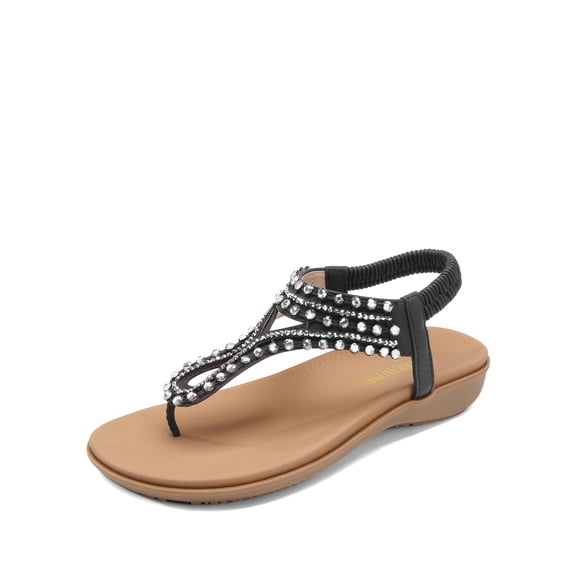 DREAM PAIRS Women's Comfortable Dressy Flat Sandals Rhinestone Elastic T-Strap Thong Sandals for Summer Beach