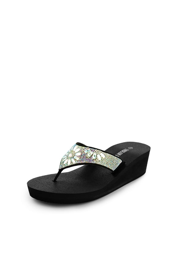 Women's Wedge Flip Flops Summer Beach Comfortable Platform Rhinestone Thong Sandals