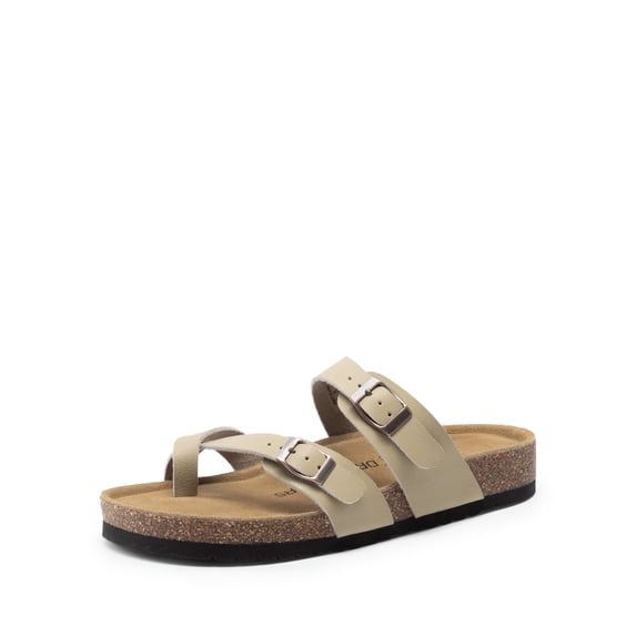 DREAM PAIRS Women's Cork Style Slides Comfortable Arch Support Sandals with ArchFrame Dual Midsole Suede Insole Slip-on Flat Sandals