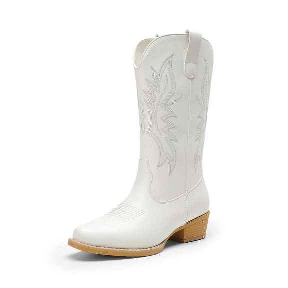 DREAM PAIRS Women's Cowboy Boots Mid Calf Chunky Heel Embroidery Stitched Cowgirl Western Boots