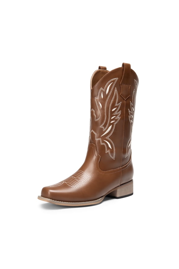 Women's Cowboy Boots Mid Calf Cowgirl Boots Embroidery Stitched Square Toe Western Boots Wide Width