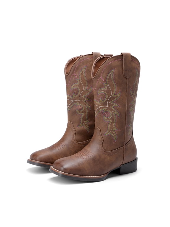 Women's Cowboy Boots Mid Calf Cowgirl Boots Square Toe Chunky Heel Embroidery Stitched Western Boots