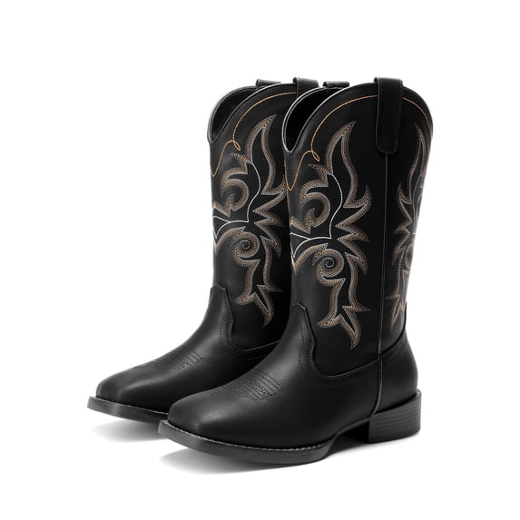 DREAM PAIRS Women's Cowboy Boots Mid Calf Cowgirl Boots Square Toe Chunky Heel Embroidery Stitched Western Boots