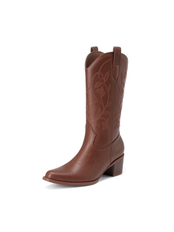 Women's Cowboy Boots Square Toe Embroidered Western Boots Chunky Heel Mid Calf Cowgirl Fashion Boots Wide Width