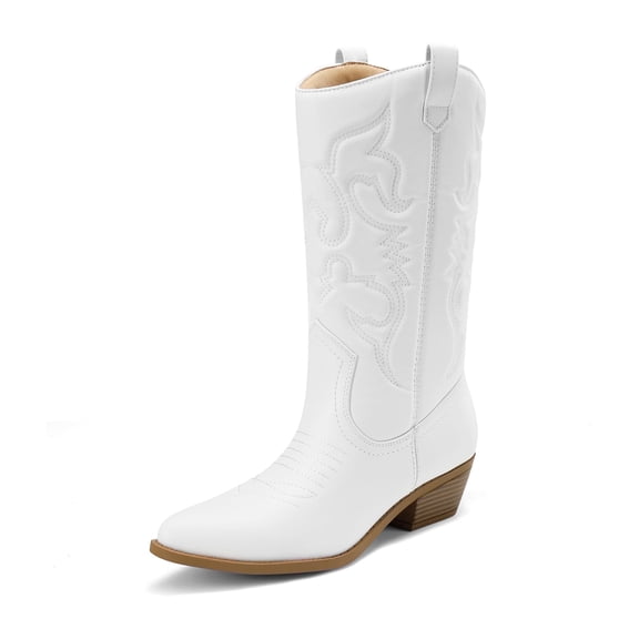 DREAM PAIRS Women's Mid-Calf White Western Cowboy Boots Classic Embroidered Cowgirl Boots