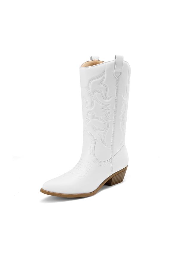 Women's Mid-Calf White Western Cowboy Boots Classic Embroidered Cowgirl Boots