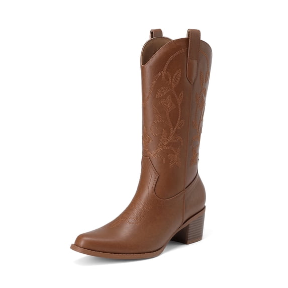 DREAM PAIRS Women's Cowboy Boots Square Toe Embroidered Western Boots Chunky Heel Mid Calf Cowgirl Fashion Boots Wide Width