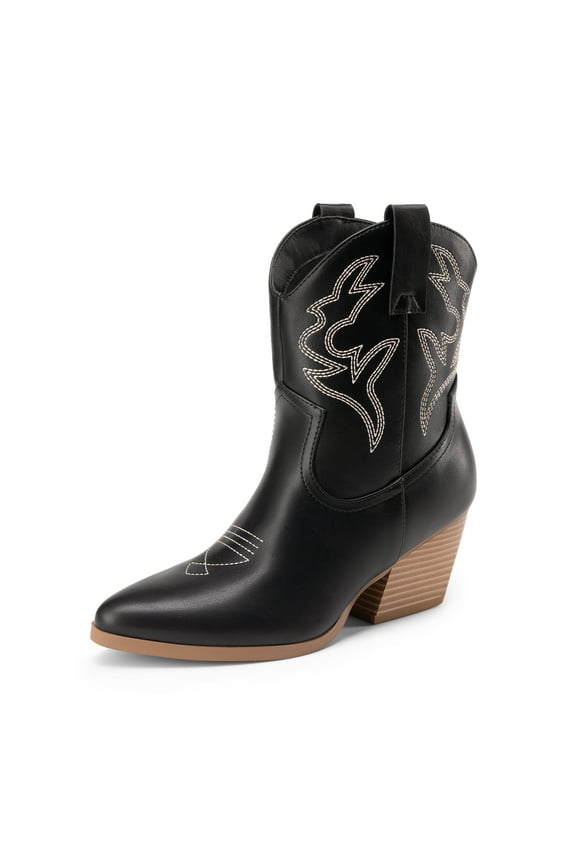 Women's Cowboy Cowgirl Boots Embroidered Stitched Short Western Boots Low Chunky Heel Pointed Toe Ankle Booties