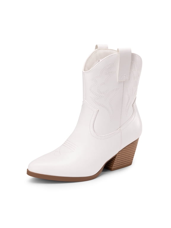 Women's Cowboy Cowgirl Boots Embroidered Stitched Short Western Boots Low Chunky Heel Pointed Toe Ankle Booties