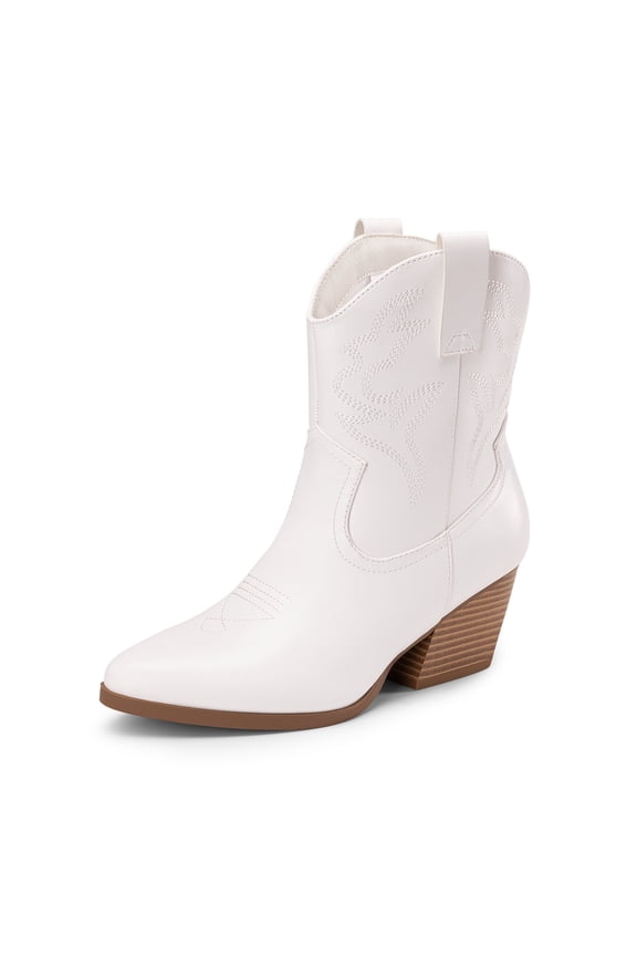 Women's Cowboy Cowgirl Boots Embroidered Stitched Short Western Boots Low Chunky Heel Pointed Toe Ankle Booties