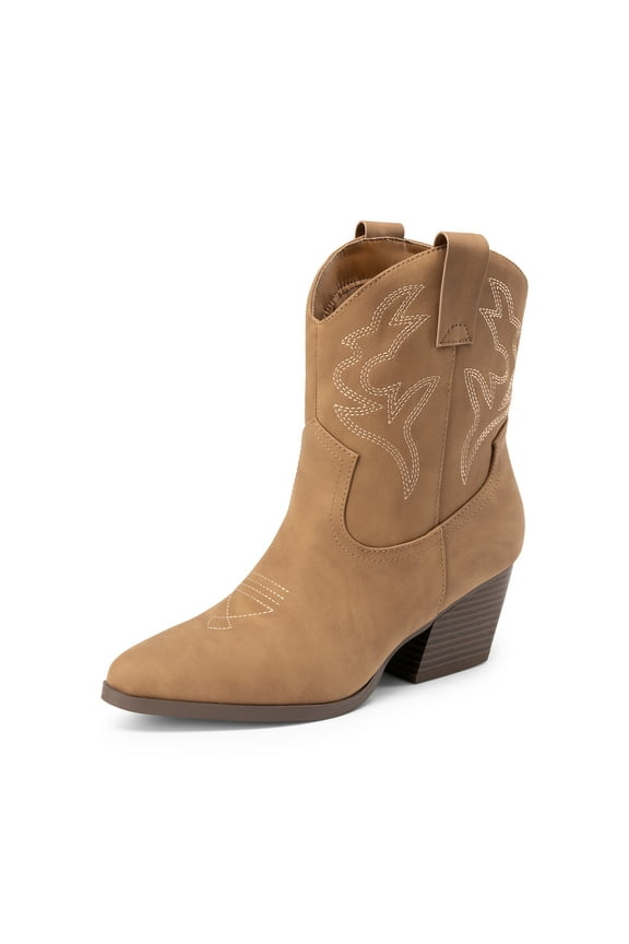Women's Cowboy Cowgirl Boots Embroidered Stitched Short Western Boots Low Chunky Heel Pointed Toe Ankle Booties