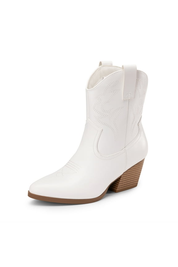 Women's Cowboy Cowgirl Boots Embroidered Stitched Short Western Boots Low Chunky Heel Pointed Toe Ankle Booties