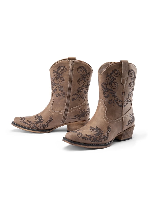 Women's Cowboy Cowgirl Western Ankle Boots Low Chunky Heels Square Toe Fall Short Booties Shoes