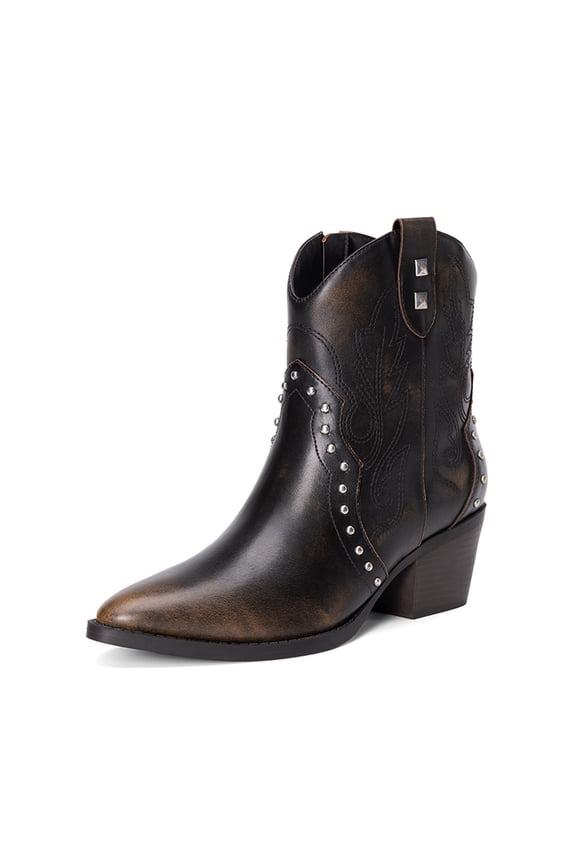 Women's Cowgirl Ankle Boots with Studded Detail, Side Zip, Low Block Heel, Western Style