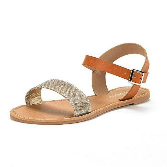 DREAM PAIRS Women's Cute Open Toes One Band Ankle Strap Flexible Summer Flat Sandals HOBOO-NEW TAN/GOLD/GLITTER 8