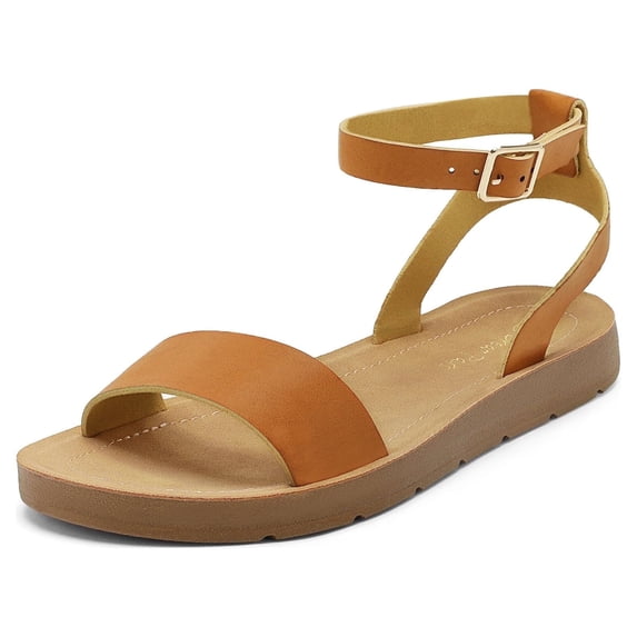 DREAM PAIRS Women's Cute Open Toes One Band Ankle Strap Summer Flat Sandals TAN/PU ELENA-5 size 6.5