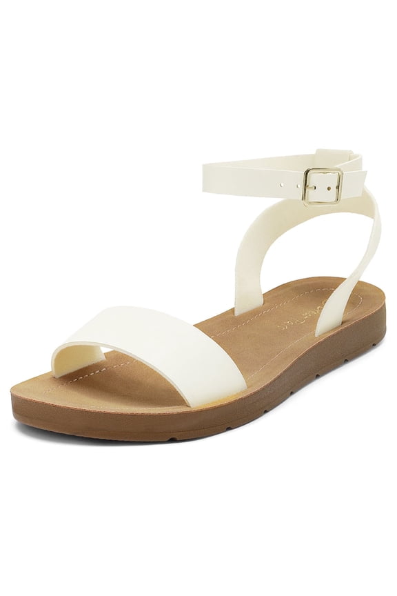 Women's Cute Open Toes One Band Ankle Strap Summer Flat Sandals WHITE/PU ELENA-5 size 10