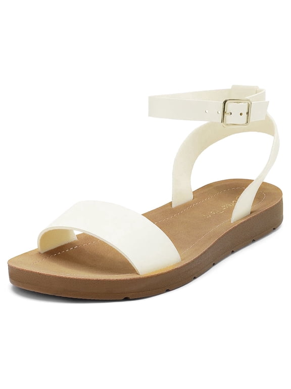 Women's Cute Open Toes One Band Ankle Strap Summer Flat Sandals WHITE/PU ELENA-5 size 8