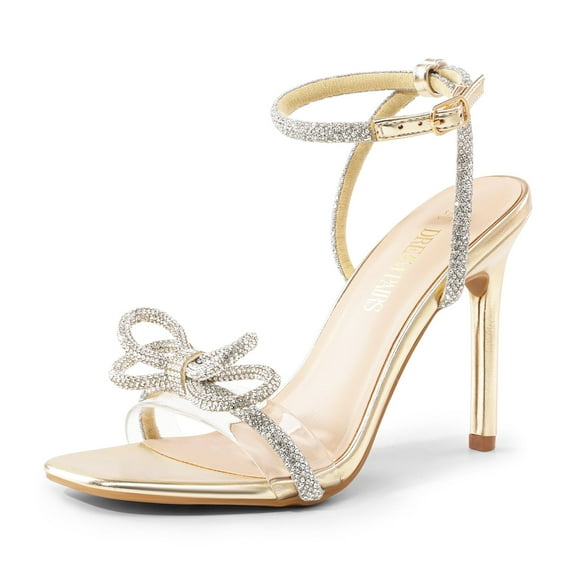 DREAM PAIRS Women's Double Bowknots Crystal Sandals Clear Slingback Heels Square Toe Shoes for Party Wedding Brielle