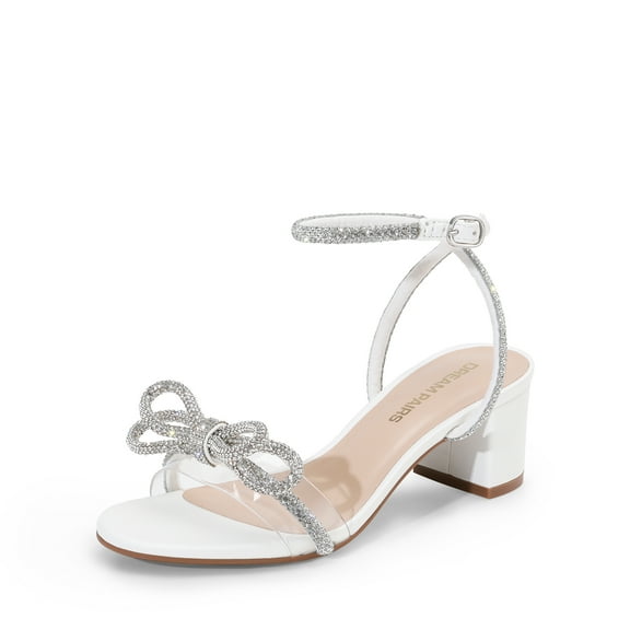 DREAM PAIRS Women's Double Bowknots Crystal Sandals Low Chunky Heels Clear Slingback Dress Shoes for Wedding Bridal Party