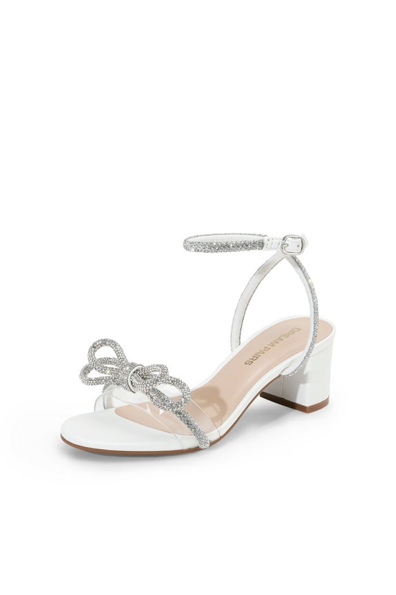 Women's Double Bowknots Crystal Sandals Low Chunky Heels Clear Slingback Dress Shoes for Wedding Bridal Party