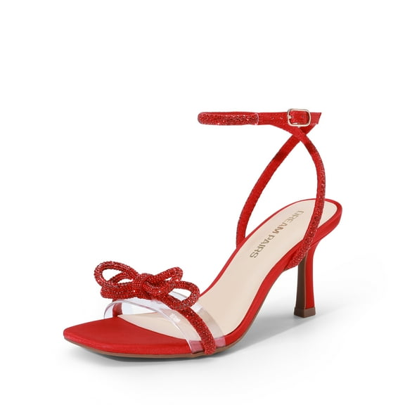 DREAM PAIRS Women's Double Bowknots Heels Open Square Toe Ankle Strap Crystal Rhinestone Dress Sandals for Party Wedding