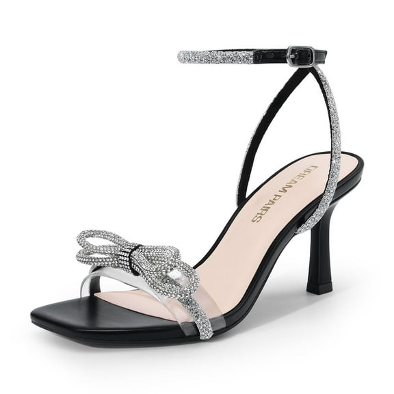 DREAM PAIRS Women's Double Bowknots Heels Open Square Toe Ankle Strap Crystal Rhinestone Dress Sandals for Party Wedding