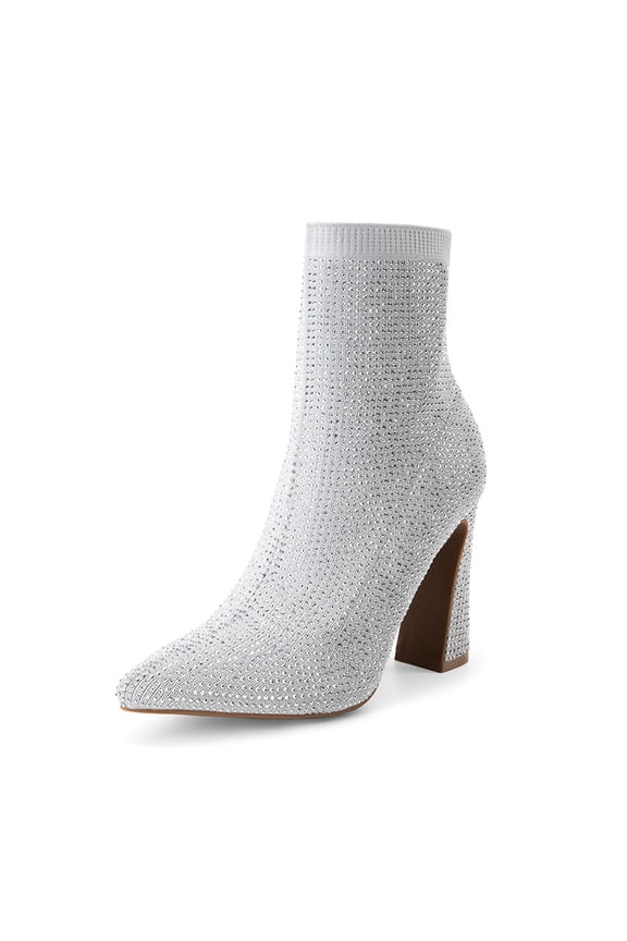 Women's Elegant Crystal-Embellished Sock Boots with Chunky Heel