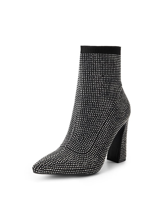 Women's Elegant Crystal-Embellished Sock Boots with Chunky Heel