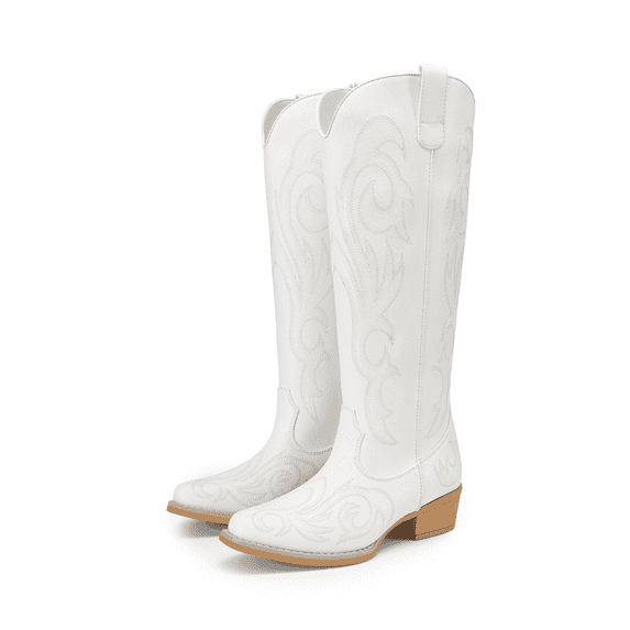 DREAM PAIRS Women's Embroidered Western Cowboy Boots, Knee High Cowgirl Style with Chunky Heel & Side Zipper, Comfortable Pull-On Fit