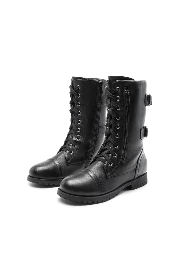 Women's Fashion Comfort Faux Fur Lined Mid Calf Riding Winter Combat Boots TERRAN-SNOW BLACK Size 6