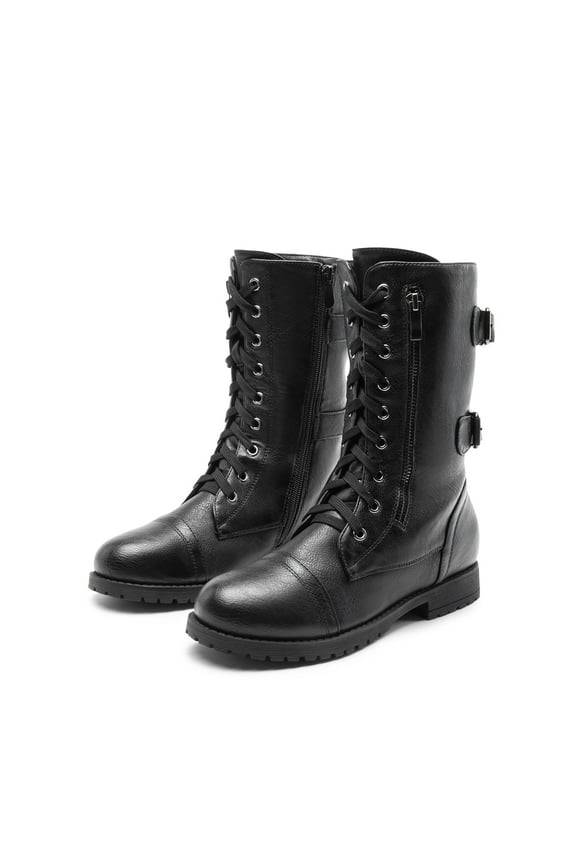 Women's Fashion Comfort Faux Fur Lined Mid Calf Riding Winter Combat Boots TERRAN-SNOW BLACK Size 7