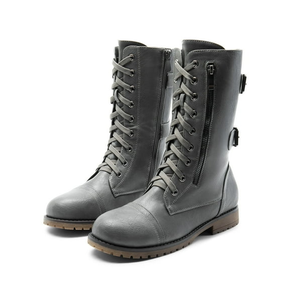 DREAM PAIRS Women's Fashion Comfort Faux Fur Lined Mid Calf Riding Winter Combat Boots TERRAN-SNOW GREY Size 5