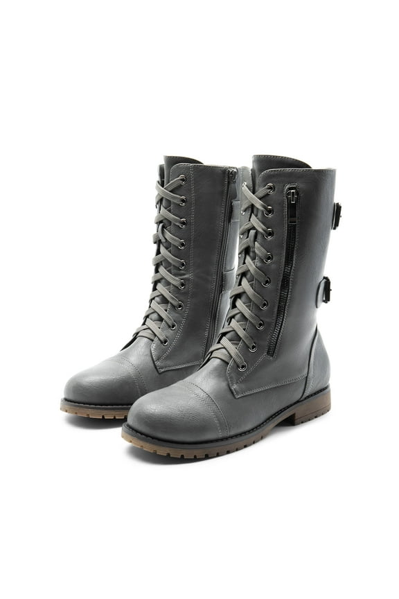 Women's Fashion Comfort Faux Fur Lined Mid Calf Riding Winter Combat Boots TERRAN-SNOW GREY Size 5