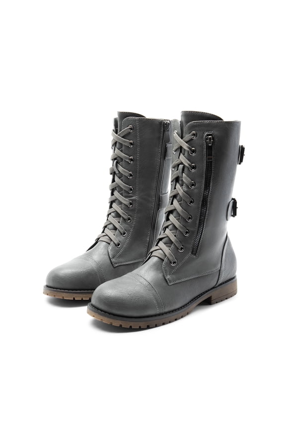 Women's Fashion Comfort Faux Fur Lined Mid Calf Riding Winter Combat Boots TERRAN-SNOW GREY Size 9