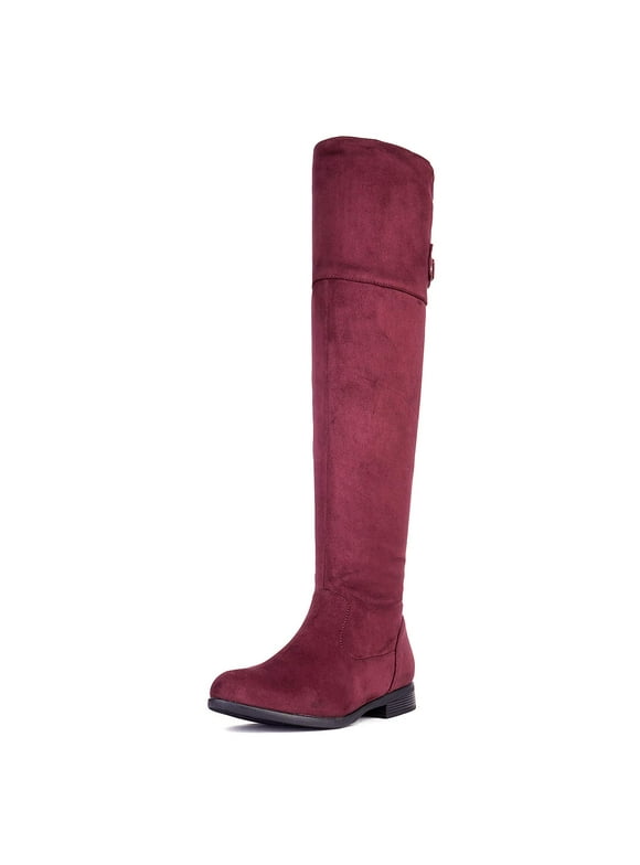 DREAM PAIRS Women's Fashion Over The Knee High Low Block Heel Riding Boots HI_FLAT BURGUNDY Size 6
