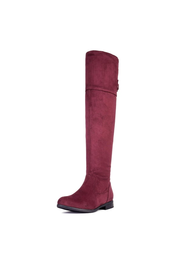Women's Fashion Over The Knee High Low Block Heel Riding Boots HI_FLAT BURGUNDY Size 6