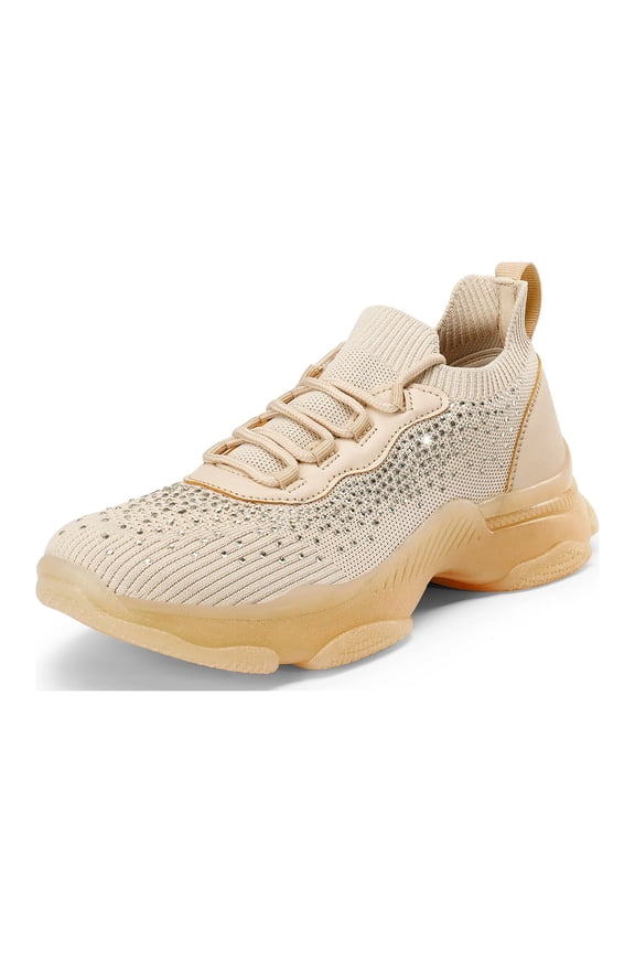 Women's Fashion Sneakers Breathable Knitted Lightweight Arch Support Walking Platform Shoes Blush Multi-Crystal