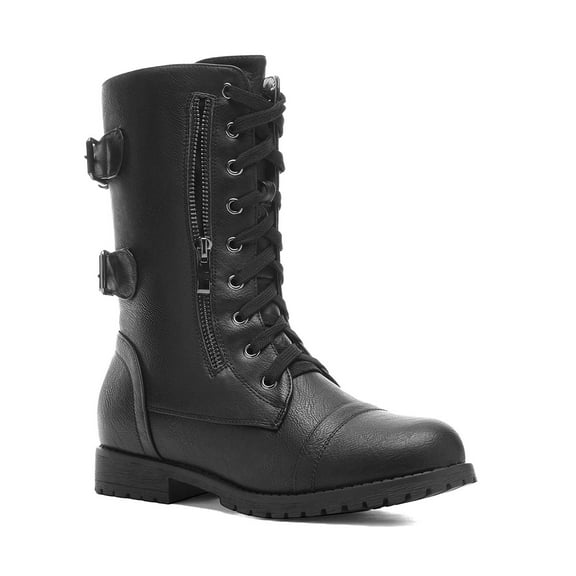 Women Mid Calf Military Combat Boots with Built in Wallet Pocket Lace Up Design Durable Outdoor Hiking Boots
