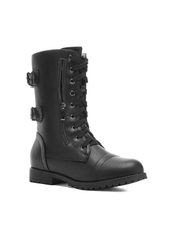 Women Mid Calf Military Combat Boots with Built in Wallet Pocket Lace Up Design Durable Outdoor Hiking Boots