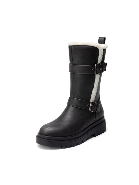 Women's Flat Low Heel Mid-Calf Boots Round Toe Side Zip for Casual, Everyday