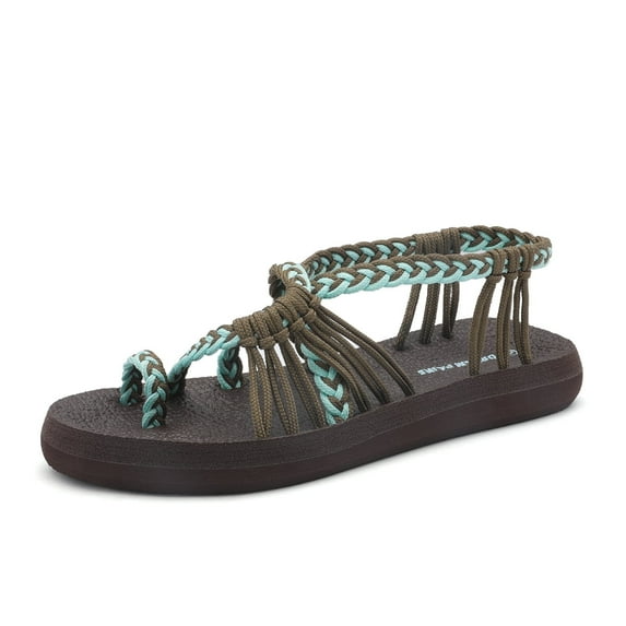 DREAM PAIRS Women's Flat Sandals Strap Yoga Casual Lightweight Soft Comfort Beach Sandals For Women Summer Shoes KHAKI/TURQUOISE ATHENA_10 size 11