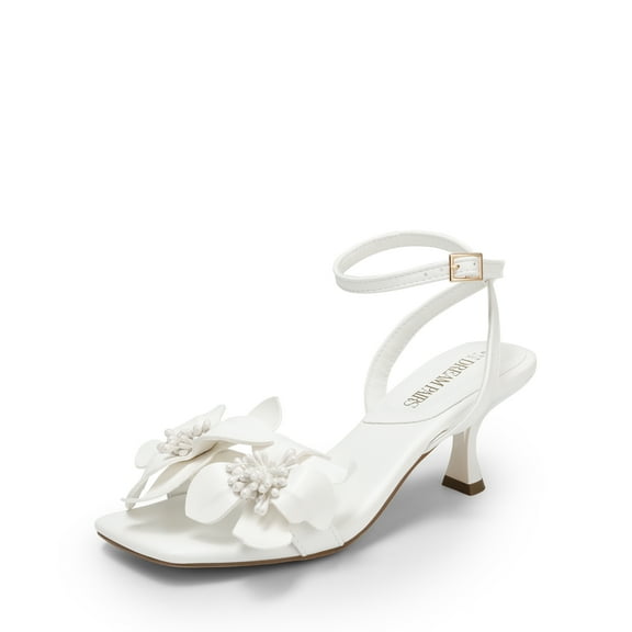 DREAM PAIRS Women's Flower Wedding Heels Cute Square Toe Slingback Low Kitten Heels Sandals with Ankle Strap