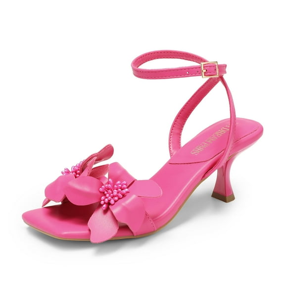 DREAM PAIRS Women's Flower Wedding Heels Cute Square Toe Slingback Low Kitten Heels Sandals with Ankle Strap