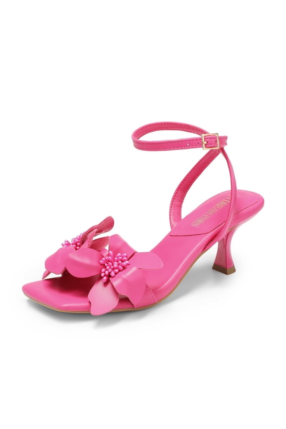 Women's Flower Wedding Heels Cute Square Toe Slingback Low Kitten Heels Sandals with Ankle Strap