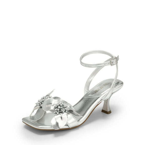 DREAM PAIRS Women's Flower Wedding Heels Cute Square Toe Slingback Low Kitten Heels Sandals with Ankle Strap