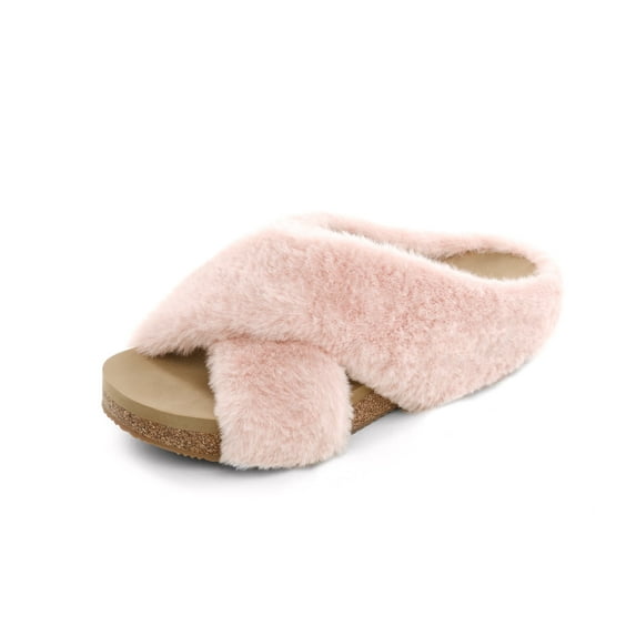 DREAM PAIRS Women's Fluffy House Shoes,Comfy Fuzzy Bedroom Non Slip Slide Slippers,Soft Faux Rabbit Fur Cross-Band Comfy Open Toe Slippers Indoor Outdoor SDSL2215W