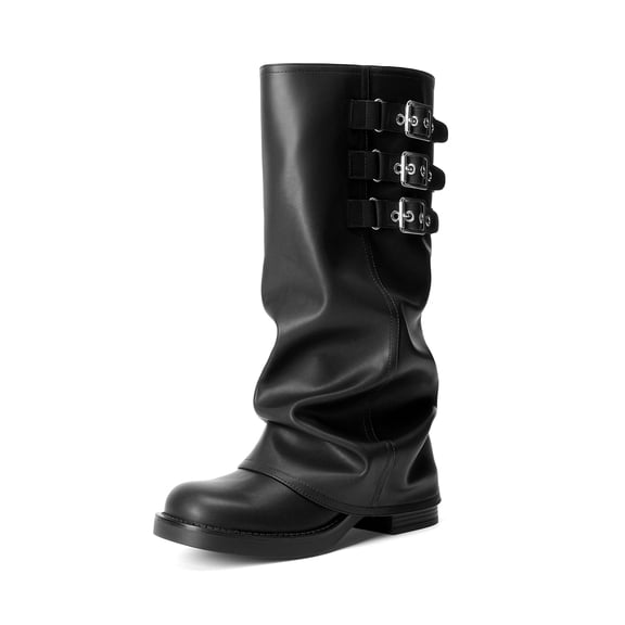 DREAM PAIRS Women’s Fold Over Knee High Boots Low Heel Slouchy Wide Calf Pull On Tall Boots with Buckle